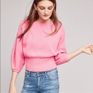 Anthropologie Knitted & Knotted Pink Cotton Cropped Boatneck Sweater Medium